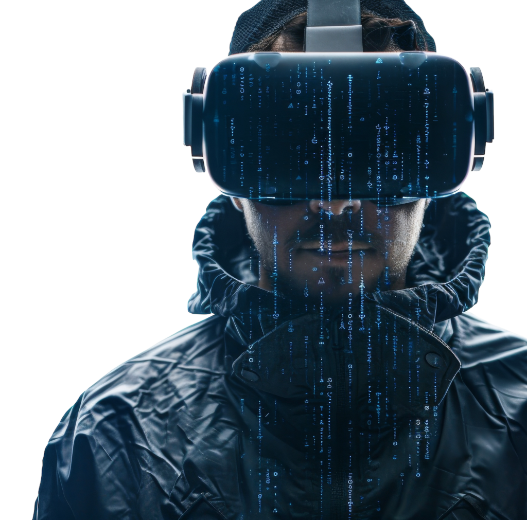 a hacker in some cool techwear with a virtual reality headset on. there is code coming out of his eyes