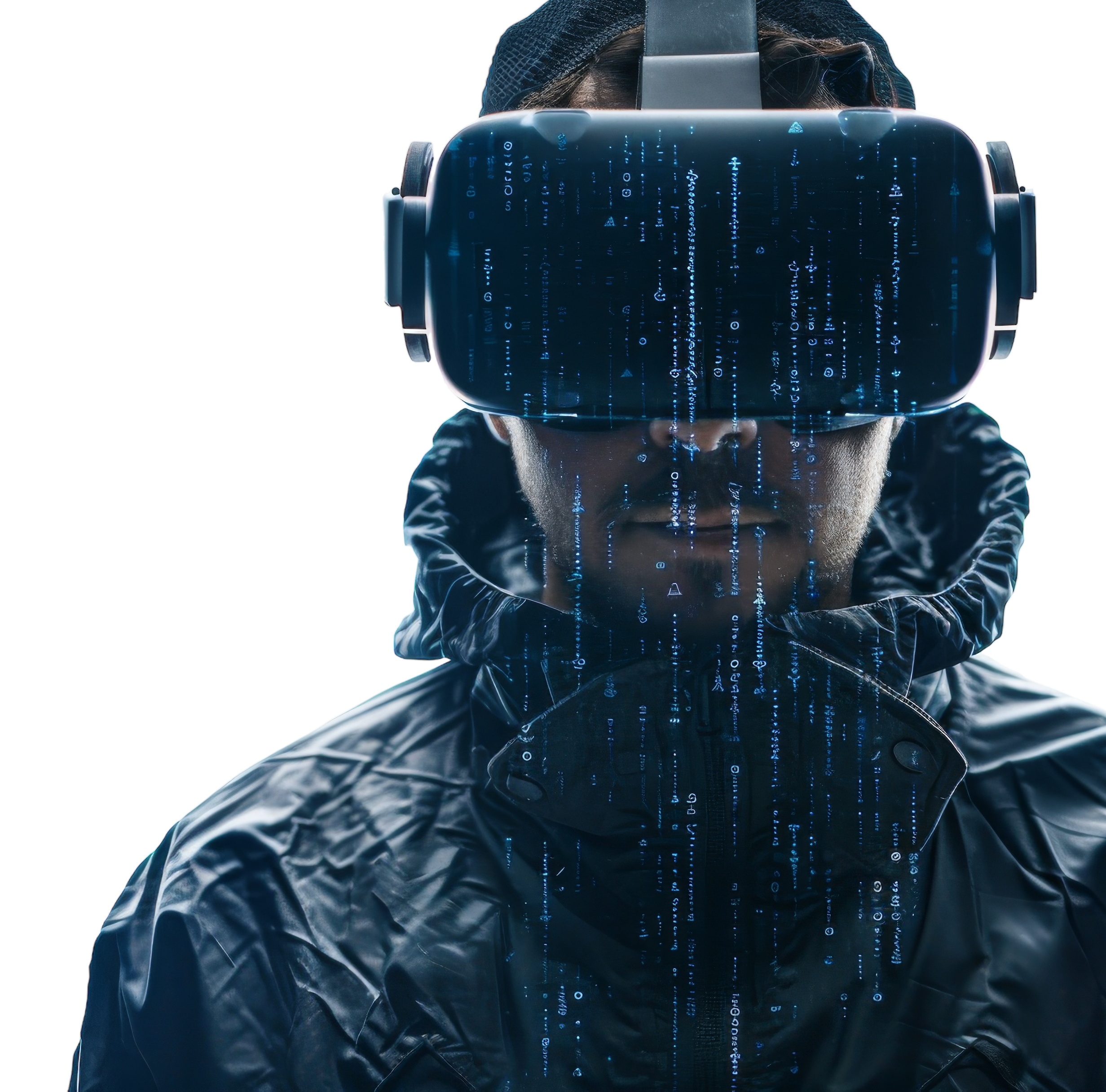 a hacker in some cool techwear with a virtual reality headset on. there is code coming out of his eyes