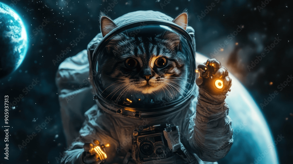 a cat in an astronaut outfit, it's ears are poking out of the helmet