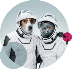 a dog and a cat in futuristic astronaut outfits posing together for a picture.