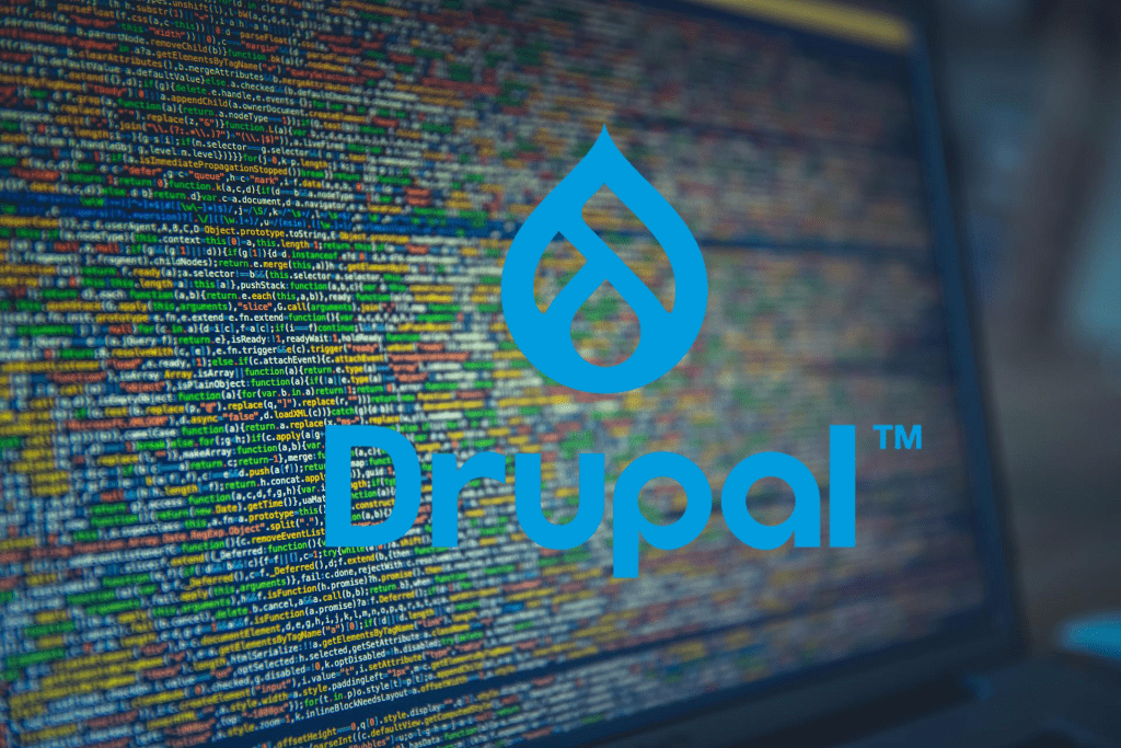 the drupal logo with a bunch of minified javascript in the background