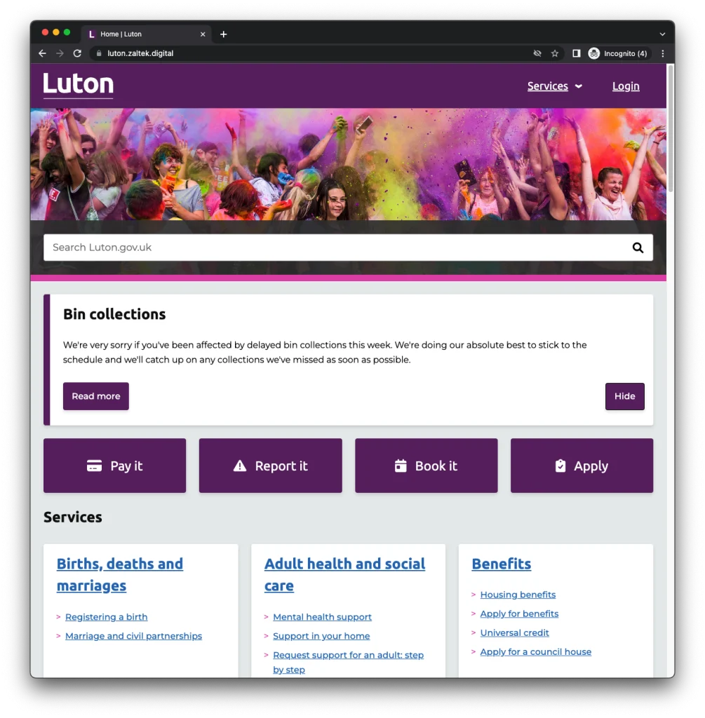 a desktop demo of the luton localgov drupal site